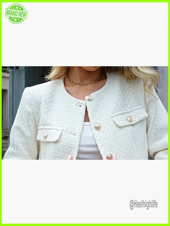 Cropped Tweed Blazer Collarless Button Down Long Sleeve Pockets - Picture 6 of 6